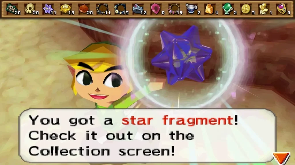 Link holds up a Star Fragment in the desert, with its item message box fully shown. Link holds up a Star Fragment in the desert, with its item message box fully shown.