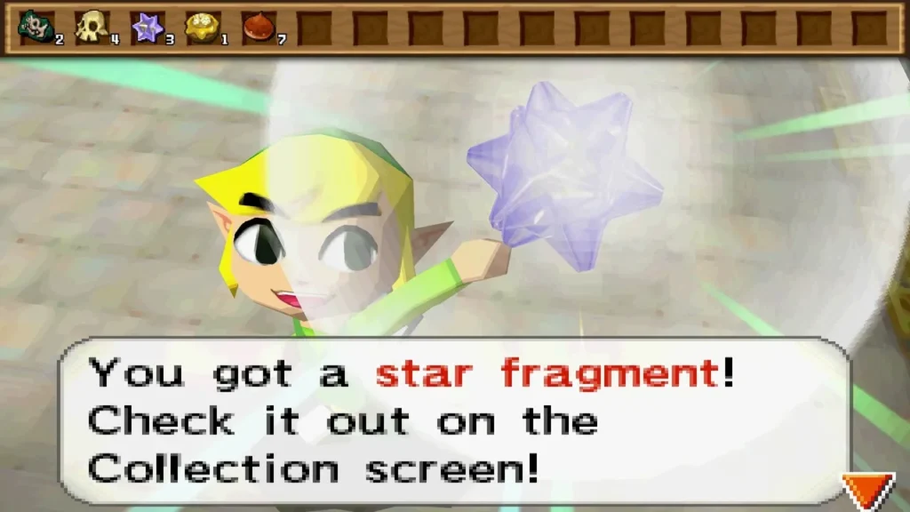 Link holds up a Star Fragment in Hyrule Castle, with the Collection screen message box Link holds up a Star Fragment in Hyrule Castle, with the Collection screen message box