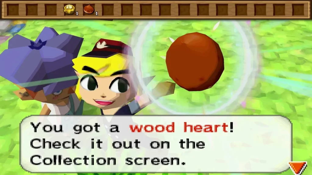 Link holds up a Wood Heart in Aboda Village, with its item message box fully shown.