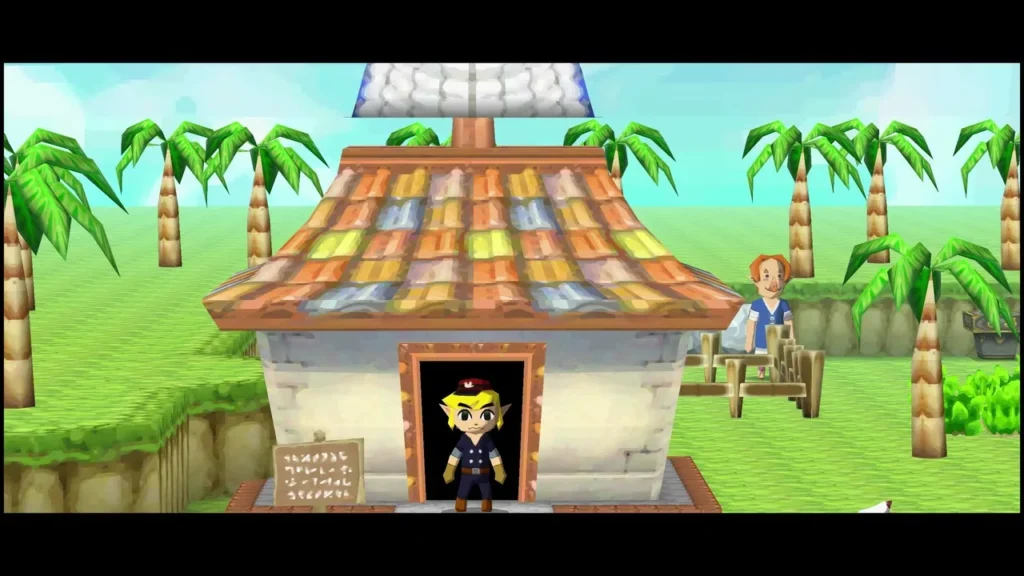 Link stepping out of his house door in Aboda, a villager nearby Link stepping out of his house door in Aboda, a villager nearby