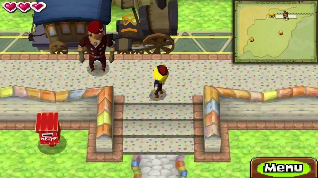Link on the Aboda station platform with the engineer and train waiting, a red mailbox by the steps Link on the Aboda station platform with the engineer and train waiting, a red mailbox by the steps