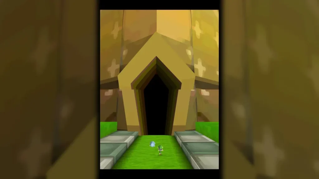 The large golden doorway at the foot of the Tower of Spirits with Link on the path The large golden doorway at the foot of the Tower of Spirits with Link on the path