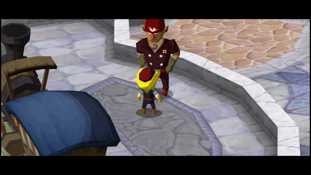Link in the Castle Town plaza beside a man in a maroon outfit, next to the train Link in the Castle Town plaza beside a man in a maroon outfit, next to the train