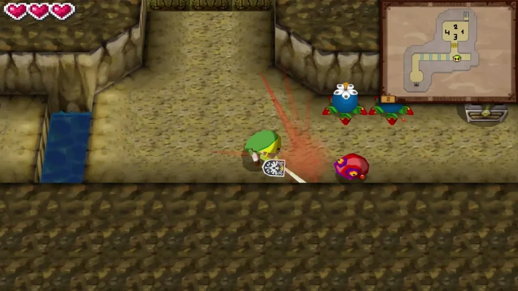 Link facing red Chuchus and a bomb flower in the cave switch room Link facing red Chuchus and a bomb flower in the cave switch room