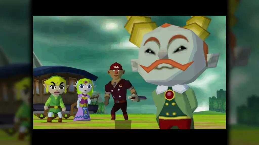 Cole in a field beside the stopped train, with Link and Zelda standing nearby Cole in a field beside the stopped train, with Link and Zelda standing nearby