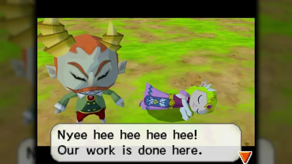 A masked villain standing over Zelda, lying fallen in the field, with the message Our work is done here A masked villain standing over Zelda, lying fallen in the field, with the message Our work is done here