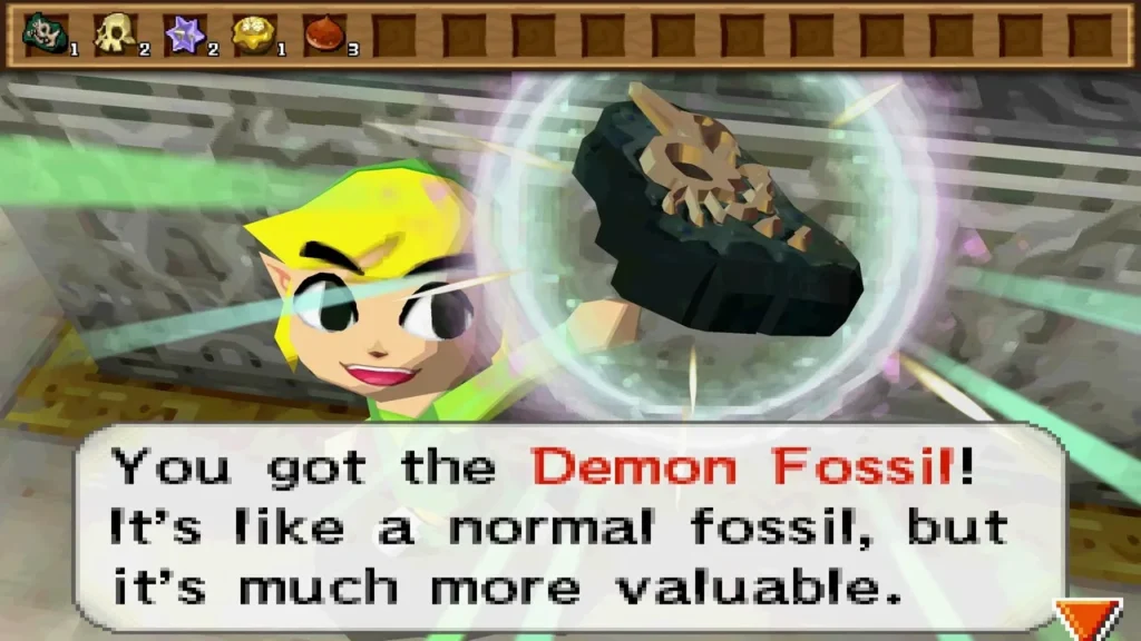 Link holding up a Demon Fossil with the item message box on the second floor Link holding up a Demon Fossil with the item message box on the second floor