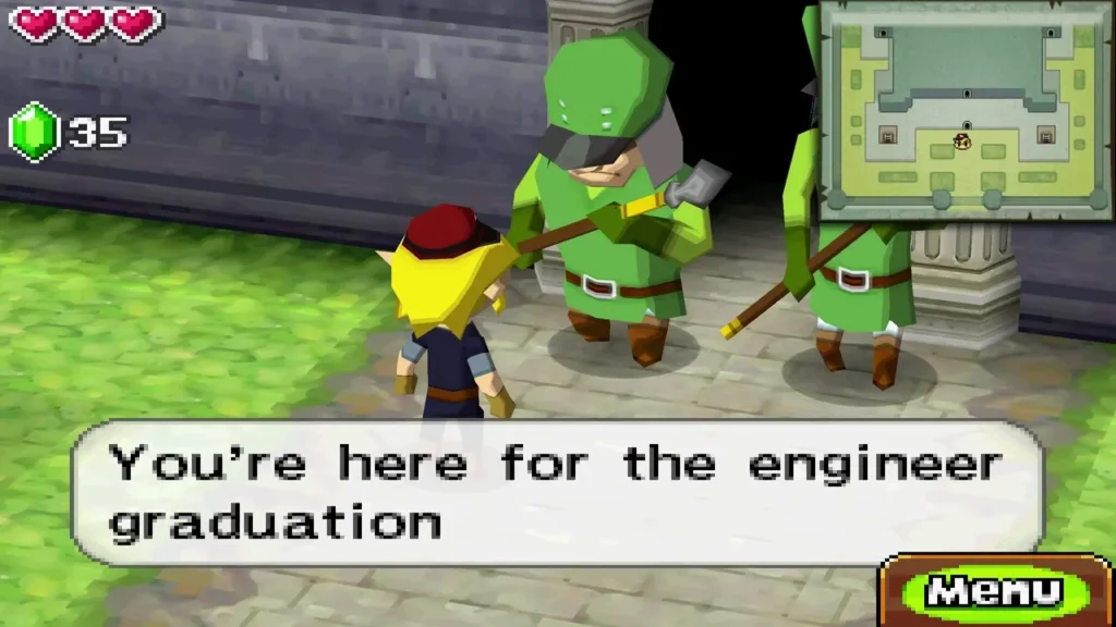 Link telling the green-clad castle guards he is there for the engineer graduation Link telling the green-clad castle guards he is there for the engineer graduation