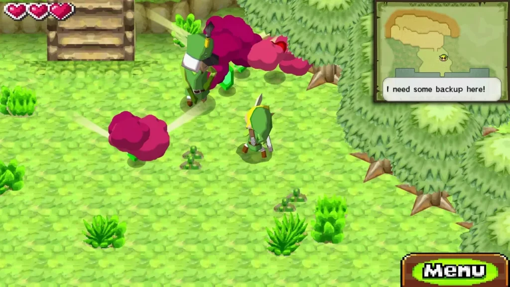 Link fighting red creatures beside a guard outside the castle, the guard calling for backup Link fighting red creatures beside a guard outside the castle, the guard calling for backup