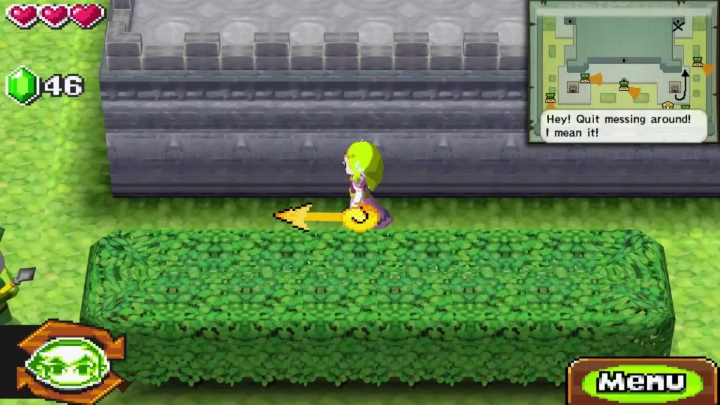 Zelda walking along a hedge in the castle grounds as a guard calls out to quit messing around Zelda walking along a hedge in the castle grounds as a guard calls out to quit messing around