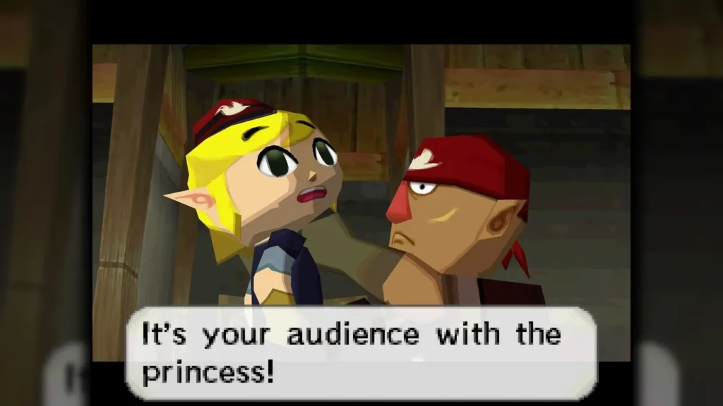 Link in his Aboda house as a man in a red bandana tells him it is his audience with the princess Link in his Aboda house as a man in a red bandana tells him it is his audience with the princess