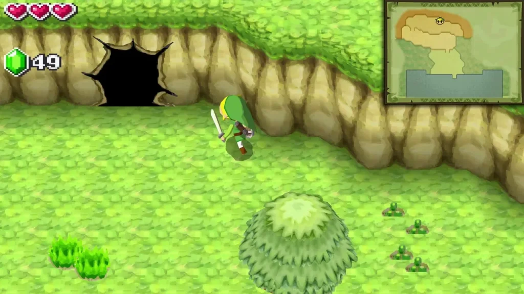 Link standing by a jagged hole blasted open in the cave wall Link standing by a jagged hole blasted open in the cave wall
