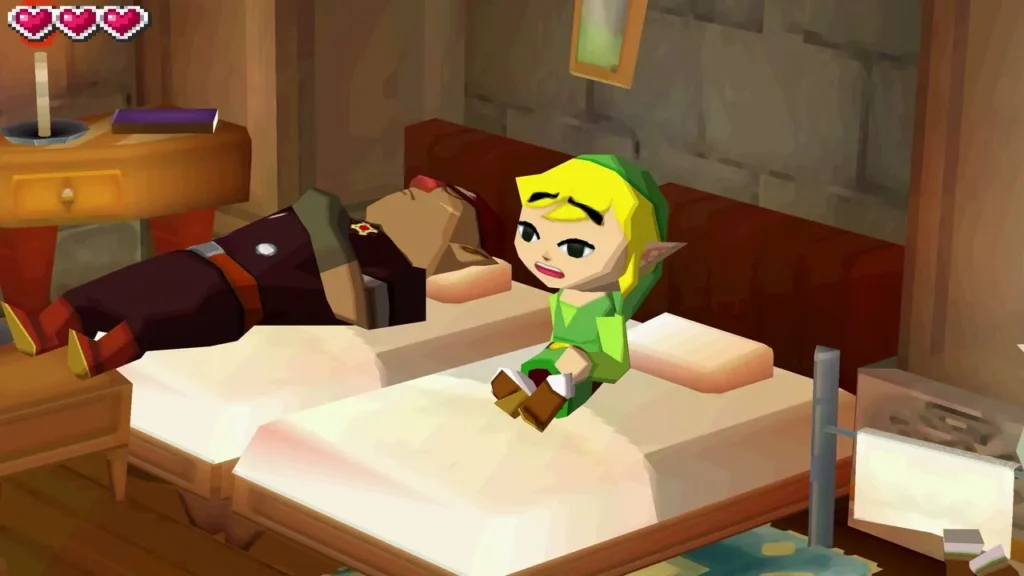 Link sitting up on a bed in a Hyrule Castle room, a companion lying unconscious on the next bed Link sitting up on a bed in a Hyrule Castle room, a companion lying unconscious on the next bed
