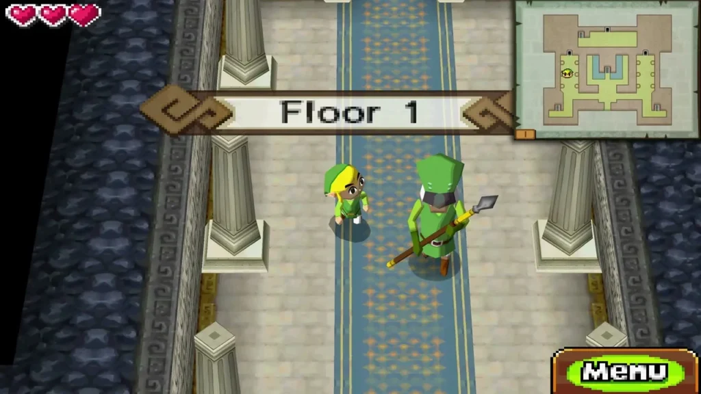 Link walking the first floor of Hyrule Castle beside a guard under the Floor 1 banner Link walking the first floor of Hyrule Castle beside a guard under the Floor 1 banner