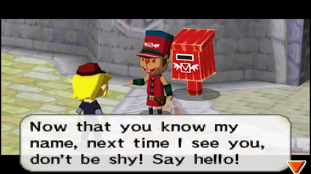 The postman introducing himself to Link beside his red mailbox The postman introducing himself to Link beside his red mailbox