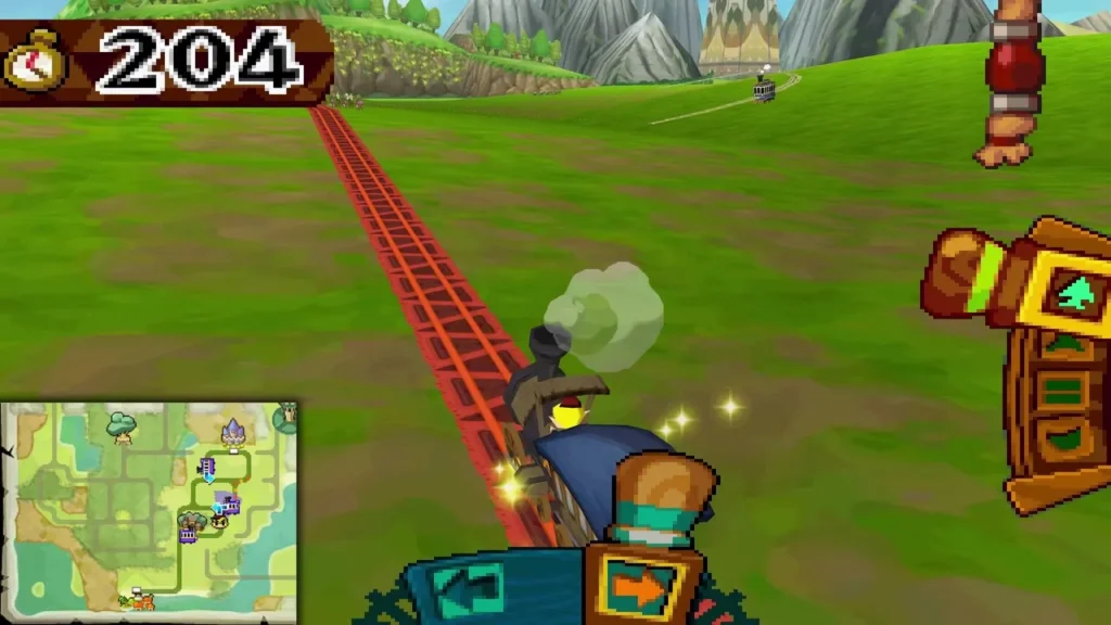 Train on the track approaching a fork, with the map in the corner of the top screen Train on the track approaching a fork, with the map in the corner of the top screen