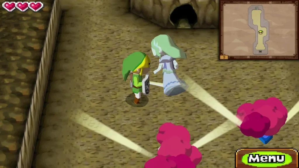 Link beside Zelda as two purple rats charge at them in the cave Link beside Zelda as two purple rats charge at them in the cave