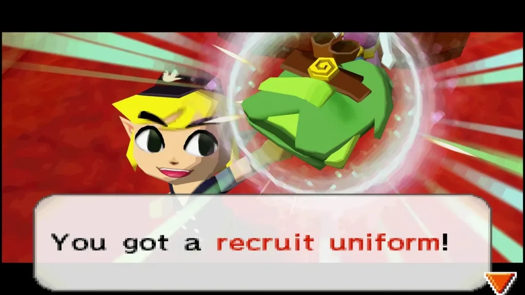 Link holding up the recruit uniform with the item message box on screen Link holding up the recruit uniform with the item message box on screen