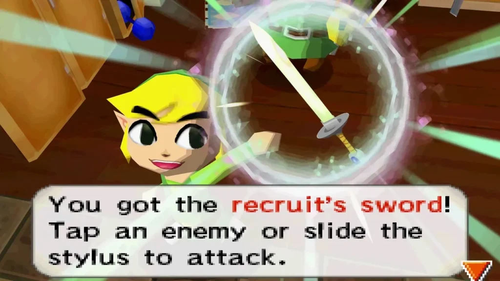 Link holding up the recruit sword with the item message box in the barracks Link holding up the recruit sword with the item message box in the barracks