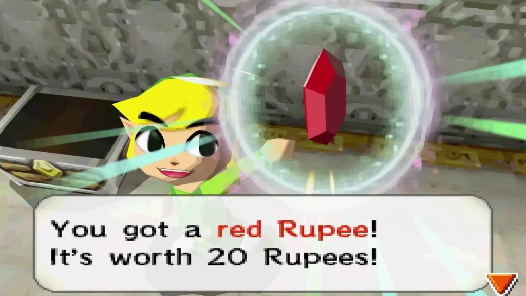 Link holding up a red Rupee from a castle chest, the message box showing it is worth 20 Rupees Link holding up a red Rupee from a castle chest, the message box showing it is worth 20 Rupees