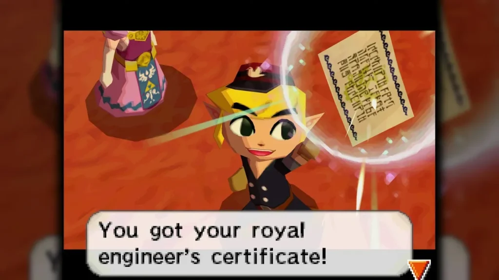 Link holding up the Royal Engineer certificate with the message box on screen Link holding up the Royal Engineer certificate with the message box on screen