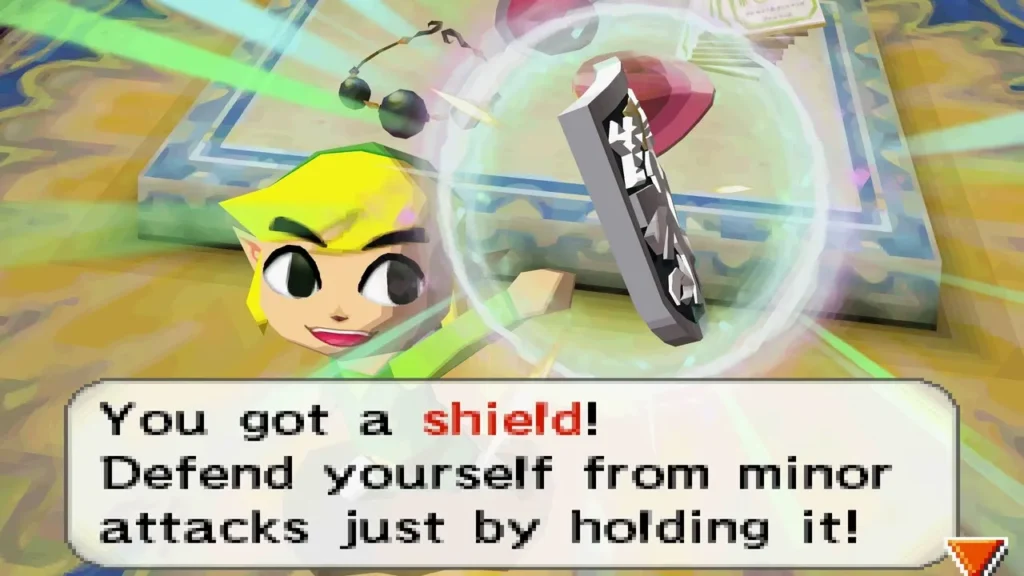 Link holding up a shield with the item message box in the castle shop Link holding up a shield with the item message box in the castle shop