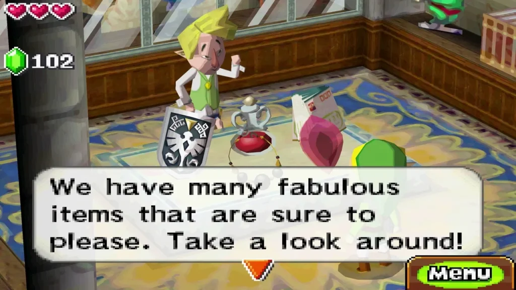 The shopkeeper in the Castle Town shop greeting Link, with a shield on display The shopkeeper in the Castle Town shop greeting Link, with a shield on display