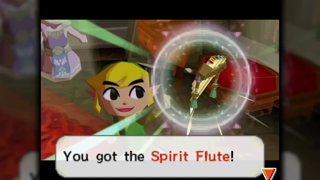 Link holding up the Spirit Flute with the item message box on screen Link holding up the Spirit Flute with the item message box on screen