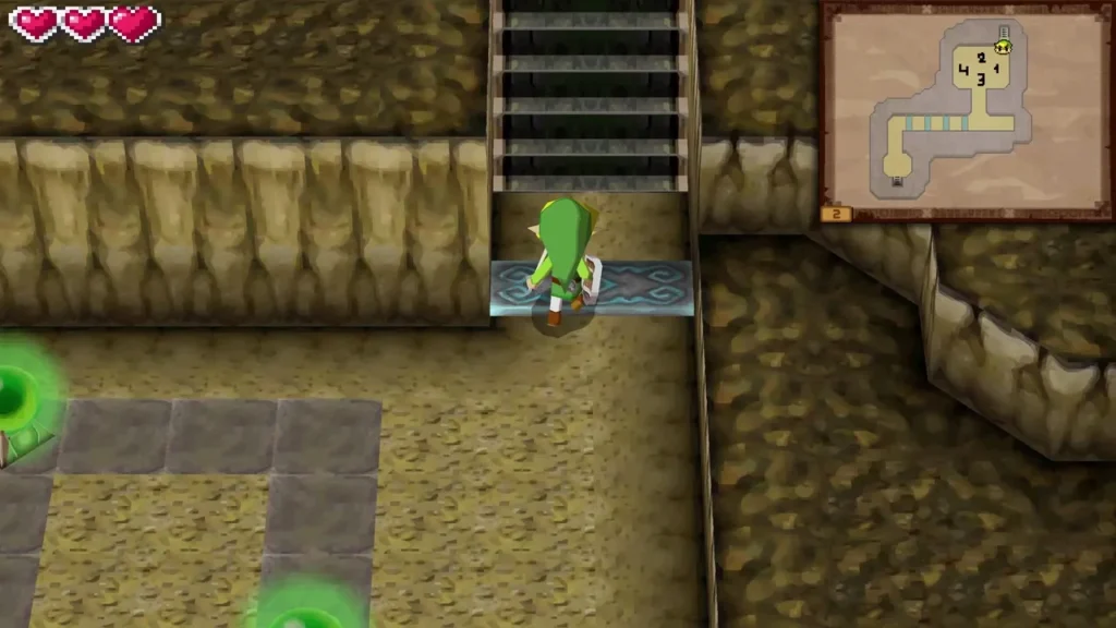 Link stepping onto a glowing tile at the foot of stairs that are now open in the cave Link stepping onto a glowing tile at the foot of stairs that are now open in the cave