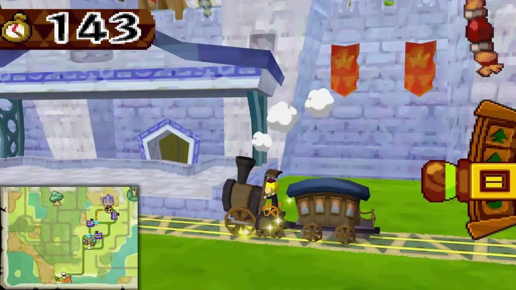 The train passing blue-trimmed walls and red banners on its way into Castle Town The train passing blue-trimmed walls and red banners on its way into Castle Town