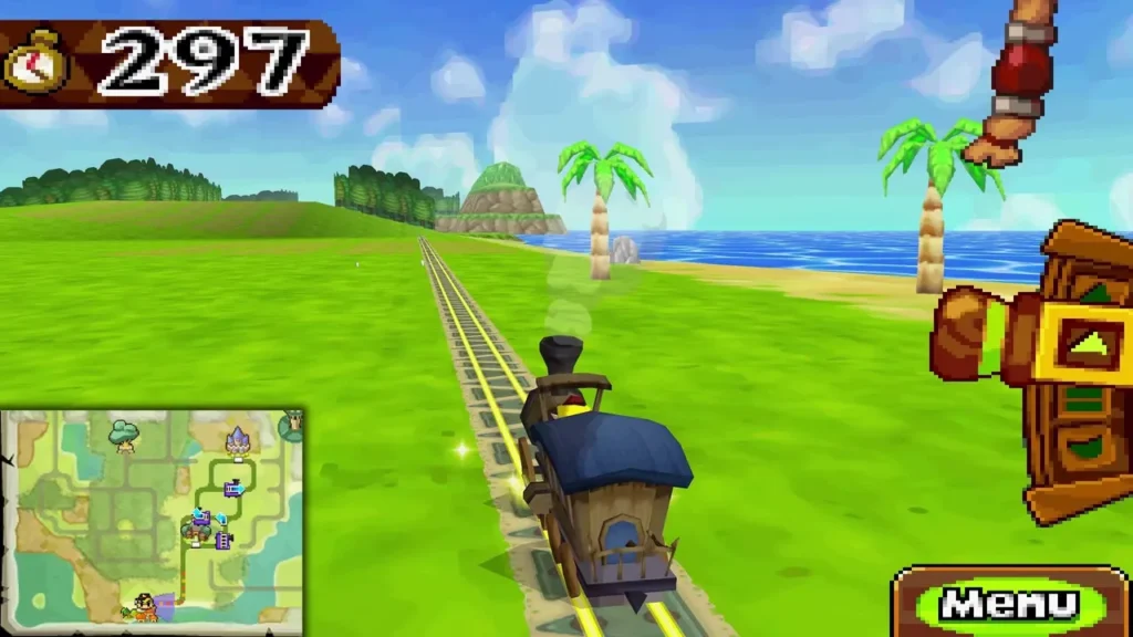 Train running along the coast toward Castle Town with the countdown timer at the top left Train running along the coast toward Castle Town with the countdown timer at the top left