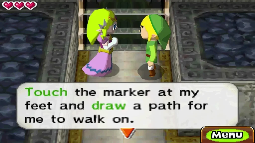 Link in a guard uniform beside Zelda on the castle stairs, a message asking him to draw her path Link in a guard uniform beside Zelda on the castle stairs, a message asking him to draw her path