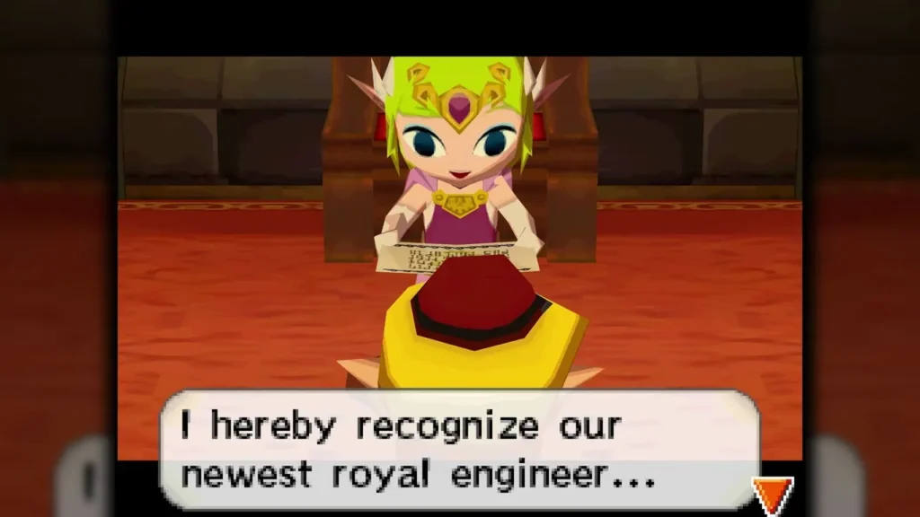Zelda in the throne room saying she recognizes Link as the newest royal engineer Zelda in the throne room saying she recognizes Link as the newest royal engineer