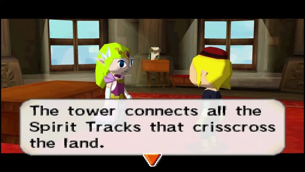 Zelda in her quarters explaining that the tower connects the Spirit Tracks Zelda in her quarters explaining that the tower connects the Spirit Tracks