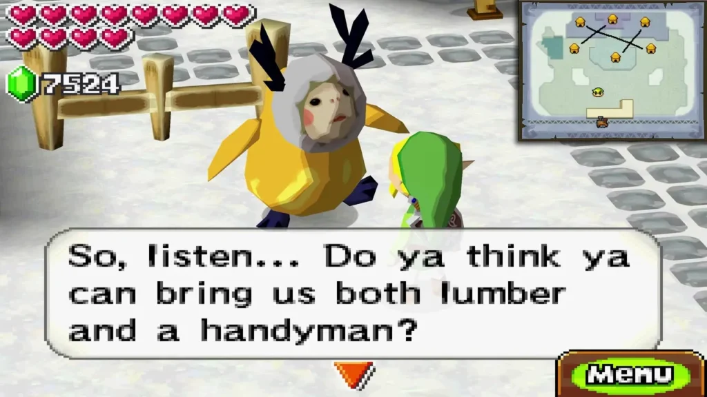 Yellow-coated Anouki honcho asking Link to bring lumber and a handyman to his village Yellow-coated Anouki honcho asking Link to bring lumber and a handyman to his village