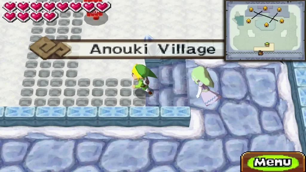 Link in Anouki Village on the snowy stone streets beside the village name sign Link in Anouki Village on the snowy stone streets beside the village name sign