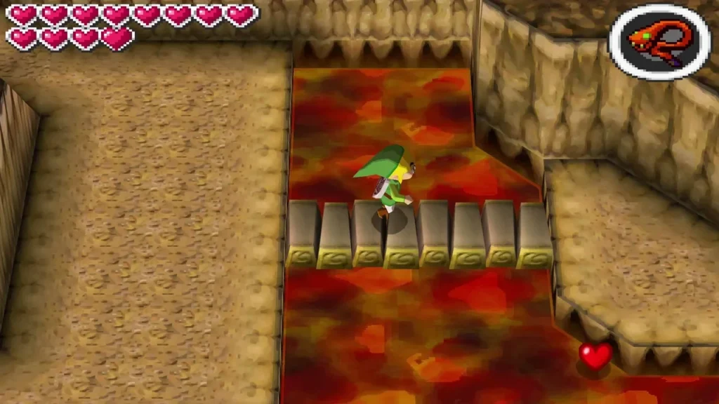 Link crossing a wooden plank bridge over the lava in the Fire Realm cave Link crossing a wooden plank bridge over the lava in the Fire Realm cave