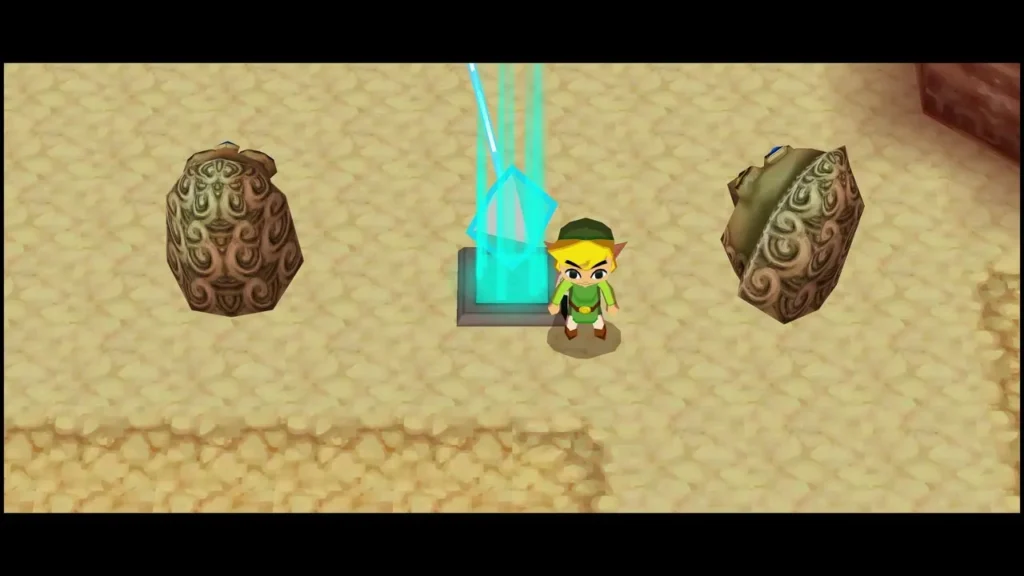Link standing between two statues beside a glowing crystal that sends a beam of light Link standing between two statues beside a glowing crystal that sends a beam of light