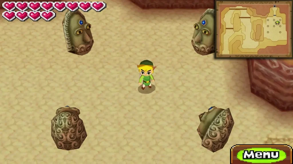 Link standing in the hall of carved stone faces surrounded by the statue heads Link standing in the hall of carved stone faces surrounded by the statue heads