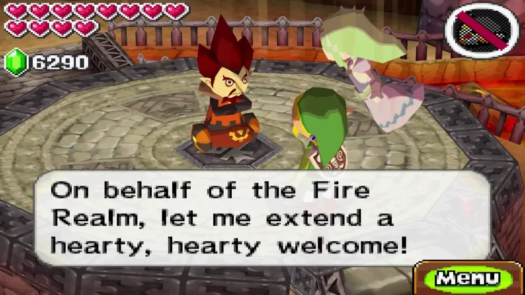 Lokomo Embrose in the arena welcoming Link on behalf of the Fire Realm, text box on screen Lokomo Embrose in the arena welcoming Link on behalf of the Fire Realm, text box on screen