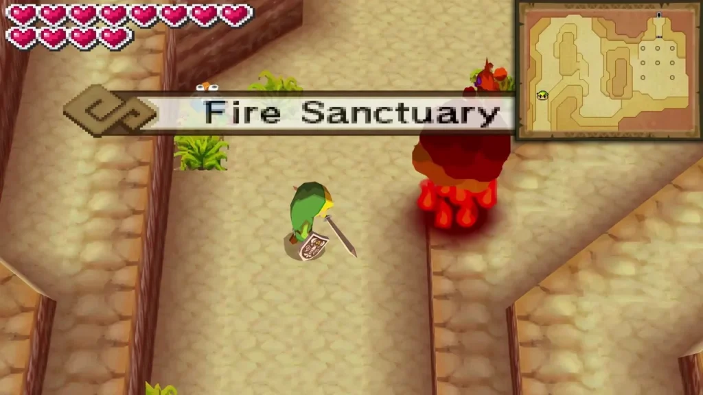 Link at the cave exit near the Fire Sanctuary location banner, with lava and flames nearby Link at the cave exit near the Fire Sanctuary location banner, with lava and flames nearby