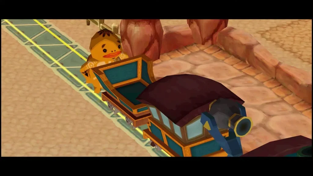 A Goron beside the Trusty Freight Car as it lines up on the rails at the Fire Realm station A Goron beside the Trusty Freight Car as it lines up on the rails at the Fire Realm station