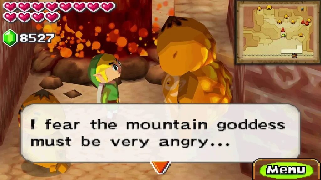 Link talking with a Goron beside lava and rock as the Goron fears the mountain goddess is angry Link talking with a Goron beside lava and rock as the Goron fears the mountain goddess is angry