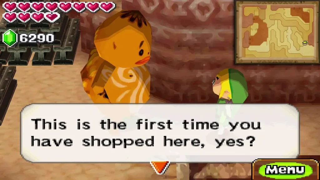 A Goron shopkeeper asking Link whether this is his first time shopping, beside iron stacks A Goron shopkeeper asking Link whether this is his first time shopping, beside iron stacks