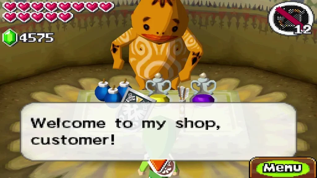 Goron shopkeeper welcoming Link beside shelves of bombs, potions and a Hylian Shield Goron shopkeeper welcoming Link beside shelves of bombs, potions and a Hylian Shield