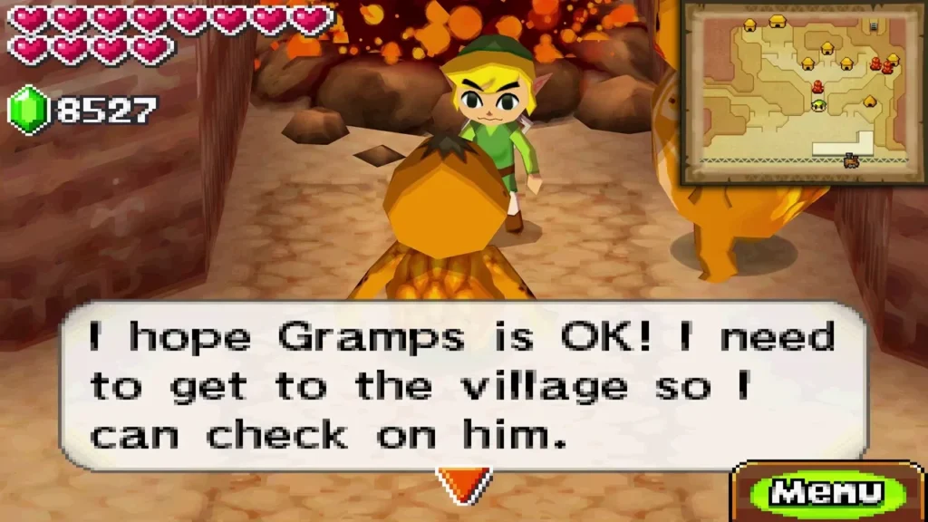 Link on the lava-lit Goron Village road beside a Goron worried about getting to the village Link on the lava-lit Goron Village road beside a Goron worried about getting to the village