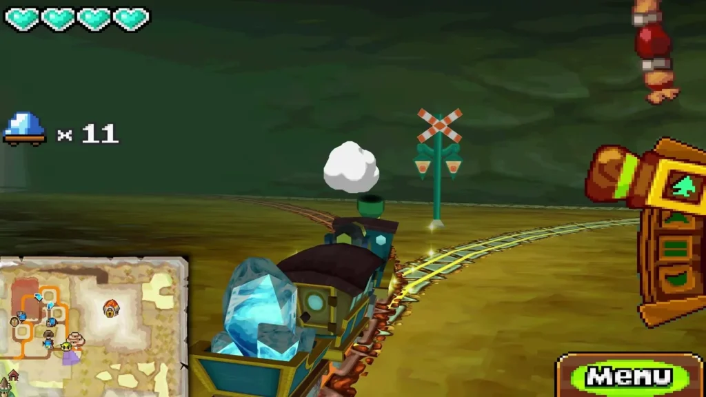 Spirit Train hauling Mega Ice past a crossing sign on a green Fire Realm track Spirit Train hauling Mega Ice past a crossing sign on a green Fire Realm track