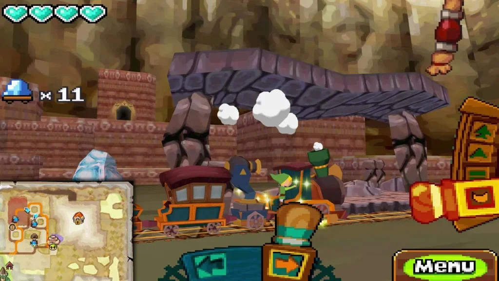 Spirit Train with eleven Mega Ice blocks passing under a stone arch into the Goron Village rail yard Spirit Train with eleven Mega Ice blocks passing under a stone arch into the Goron Village rail yard