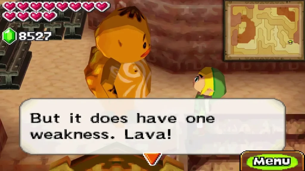 Goron beside stone stairs in Goron Village saying the village iron has one weakness, lava Goron beside stone stairs in Goron Village saying the village iron has one weakness, lava