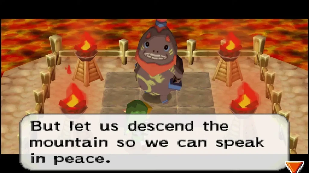 Kagoron in the torch ring asking Link to descend the mountain so they can speak in peace Kagoron in the torch ring asking Link to descend the mountain so they can speak in peace
